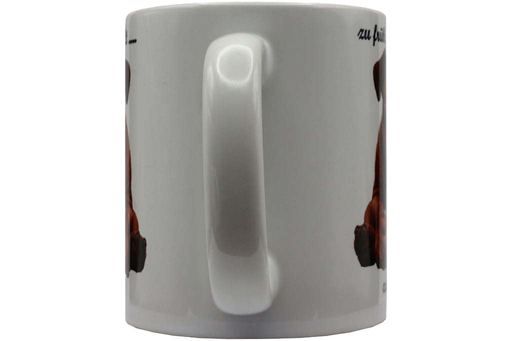 Jumbo Tasse XXL 330 ml sitzender Hund mit Tasse und Schriftzug "zu früh .... zu kalt .... zu Montag!"
