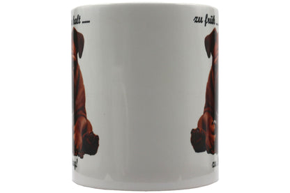 Jumbo Tasse XXL 330 ml sitzender Hund mit Tasse und Schriftzug "zu früh .... zu kalt .... zu Montag!"