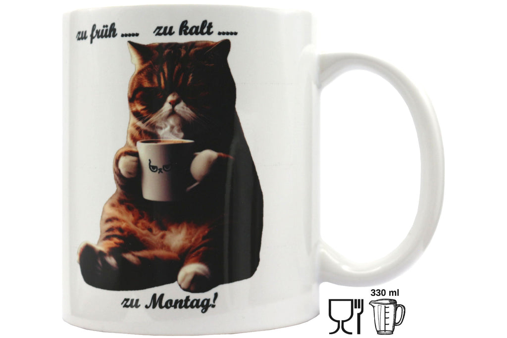 Jumbo Tasse XXL 330 ml sitzende Katze mit Tasse und Schriftzug "zu früh .... zu kalt .... zu Montag!"