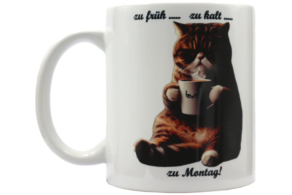 Jumbo Tasse XXL 330 ml sitzende Katze mit Tasse und Schriftzug "zu früh .... zu kalt .... zu Montag!"