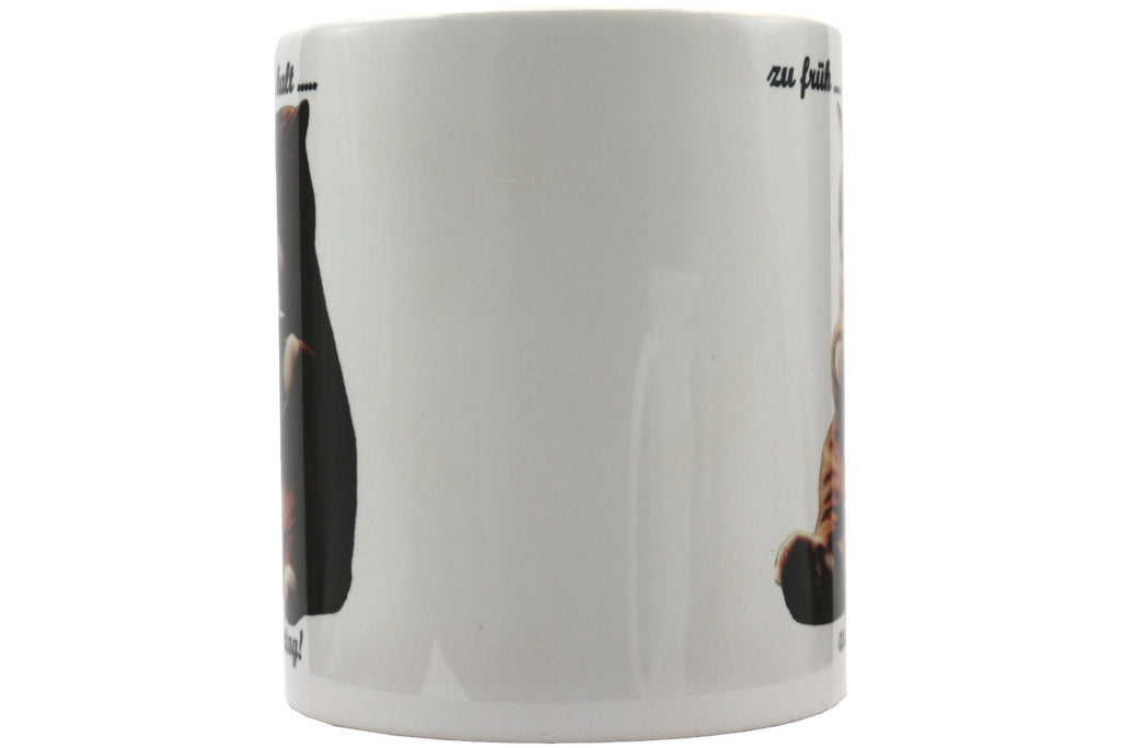 Jumbo Tasse XXL 330 ml sitzende Katze mit Tasse und Schriftzug "zu früh .... zu kalt .... zu Montag!"