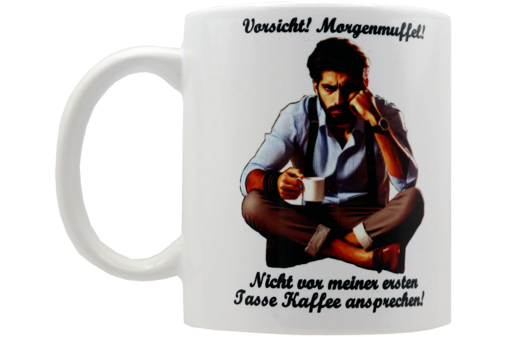 Jumbo Tasse XXL 330 ml mit mürrischen Mann im Yogasitz und Schriftzug "Vorsicht! Morgenmuffel! ...