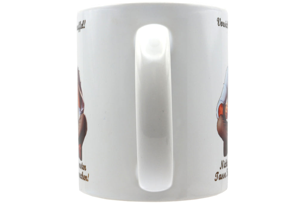 Jumbo Tasse XXL 330 ml mit mürrischen Mann im Yogasitz und Schriftzug "Vorsicht! Morgenmuffel! ...