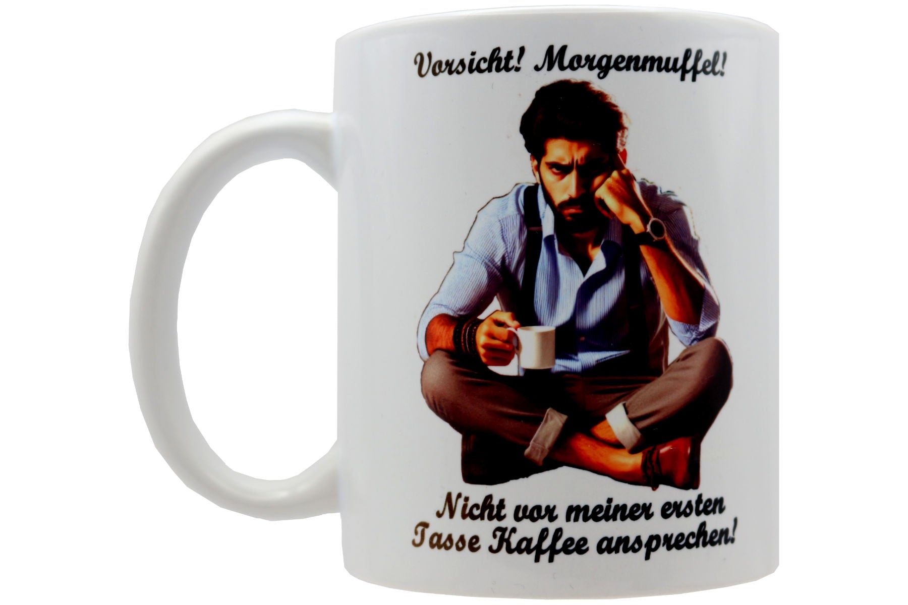 Jumbo Tasse XXL 330 ml mit mürrischen Mann im Yogasitz und Schriftzug "Vorsicht! Morgenmuffel! ...