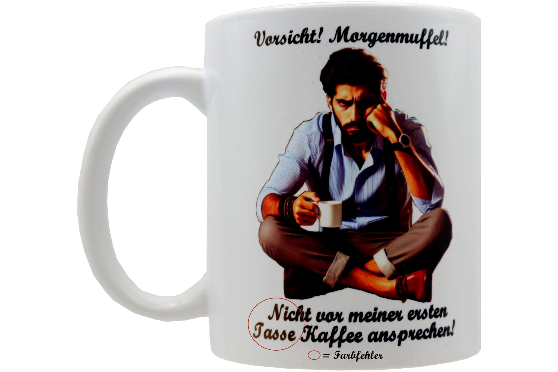 Jumbo Tasse XXL 330 ml mit mürrischen Mann im Yogasitz und Schriftzug "Vorsicht! Morgenmuffel! ...