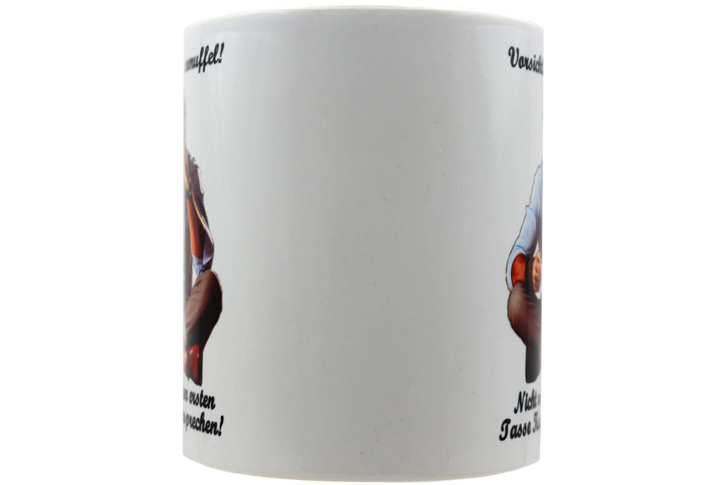 Jumbo Tasse XXL 330 ml mit mürrischen Mann im Yogasitz und Schriftzug "Vorsicht! Morgenmuffel! ...