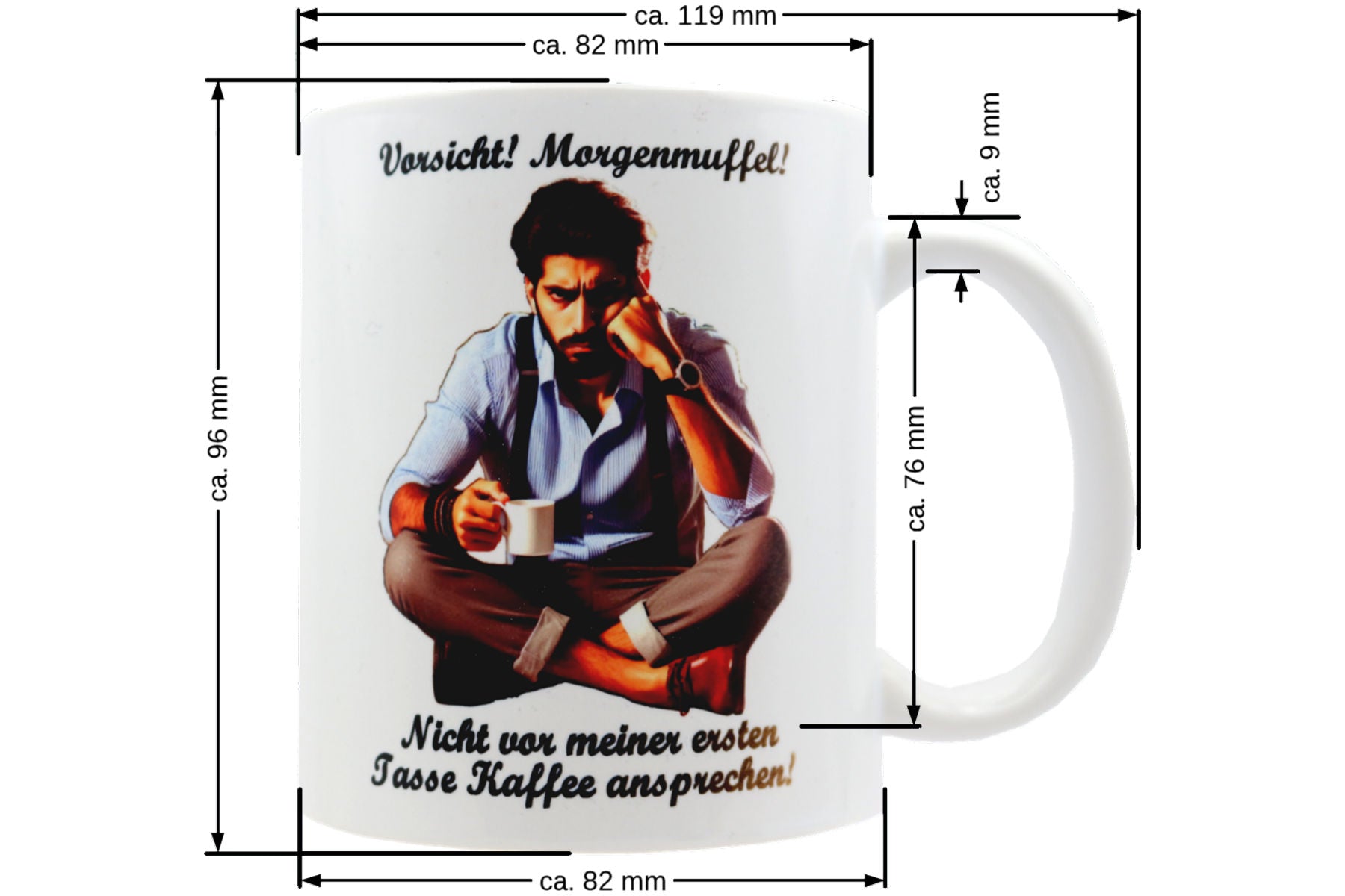 Jumbo Tasse XXL 330 ml mit mürrischen Mann im Yogasitz und Schriftzug "Vorsicht! Morgenmuffel! ...