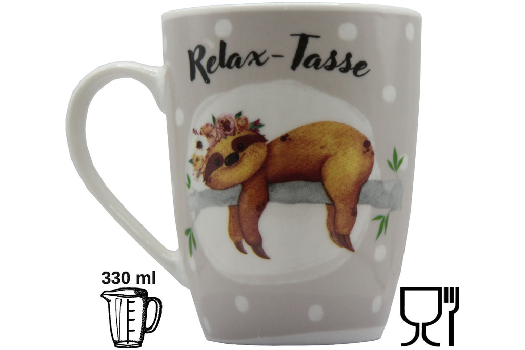Jumbo Tasse XXL 330 ml mit auf einem Ast liegenden Faultier und Schriftzug "Relax-Tasse"