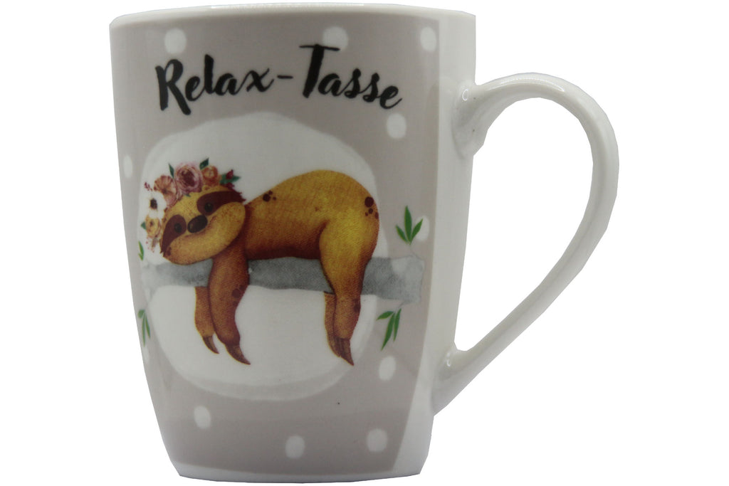 Jumbo Tasse XXL 330 ml mit auf einem Ast liegenden Faultier und Schriftzug "Relax-Tasse"