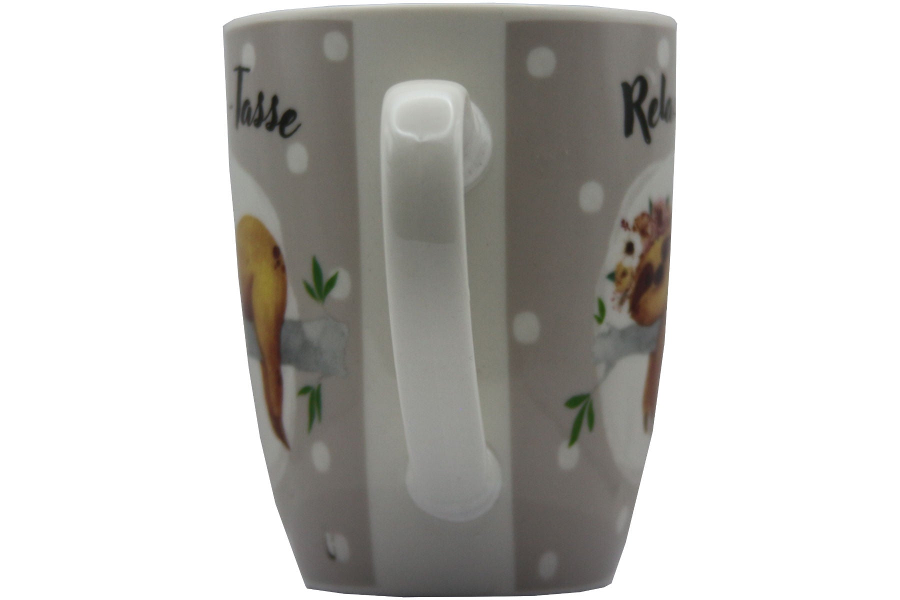 Jumbo Tasse XXL 330 ml mit auf einem Ast liegenden Faultier und Schriftzug "Relax-Tasse"