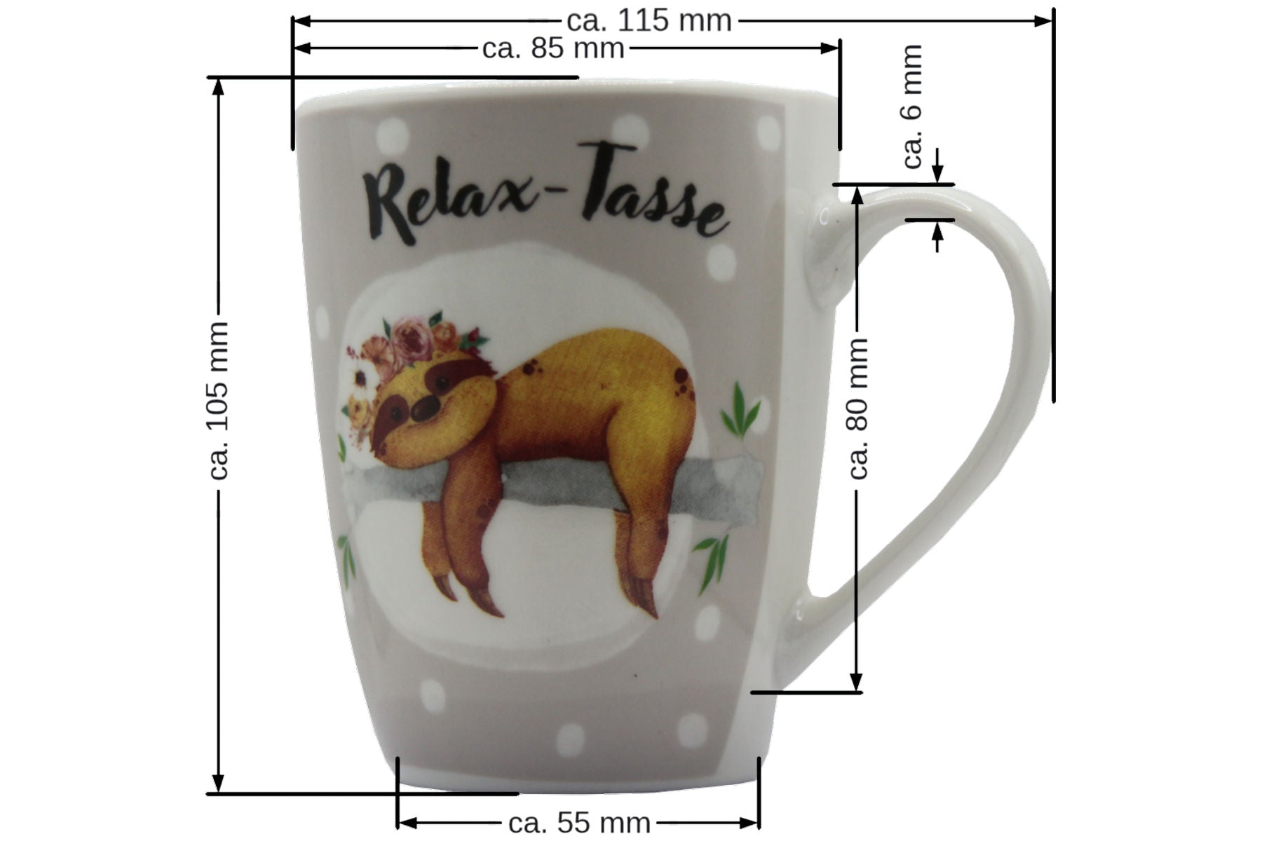 Jumbo Tasse XXL 330 ml mit auf einem Ast liegenden Faultier und Schriftzug "Relax-Tasse"