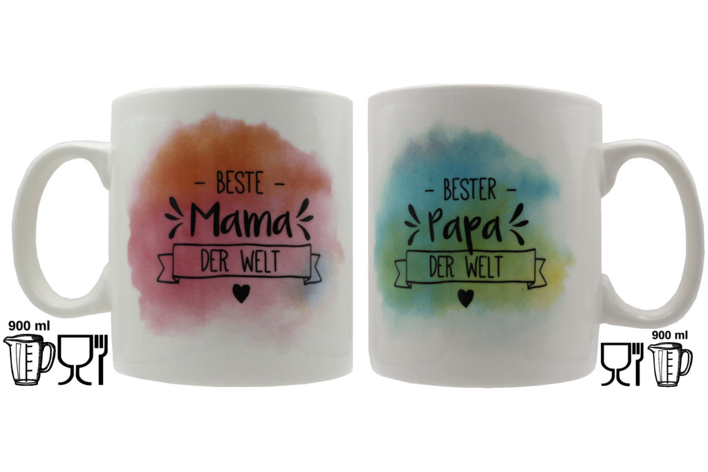 Jumbo Tasse 3XL 2er-Set 900 ml mit Schriftzug "Beste Mama der Welt" bzw. "Bester Papa der Welt"