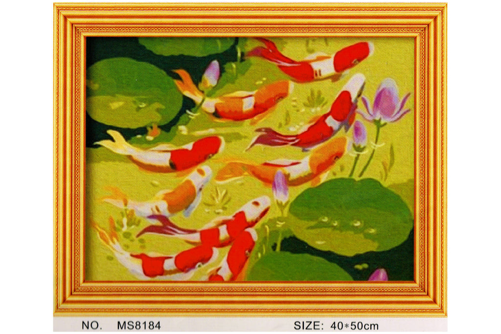 Koi im Teich auf Rahmen 50 x 40 cm Malen nach Zahlen Acryl Set MS8184 24 Farben