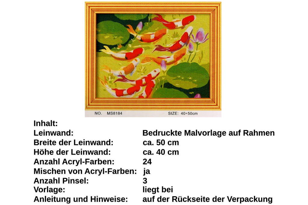 Koi im Teich auf Rahmen 50 x 40 cm Malen nach Zahlen Acryl Set MS8184 24 Farben
