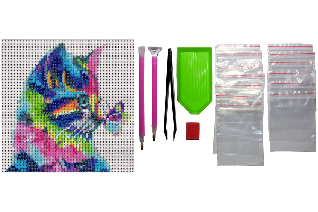 Bunter Katzenkopf mit Schmetterling Diamond Painting  25 Farben 300 x 300 mm  LC6300