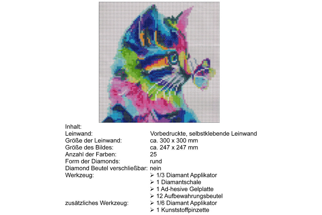 Bunter Katzenkopf mit Schmetterling Diamond Painting  25 Farben 300 x 300 mm  LC6300