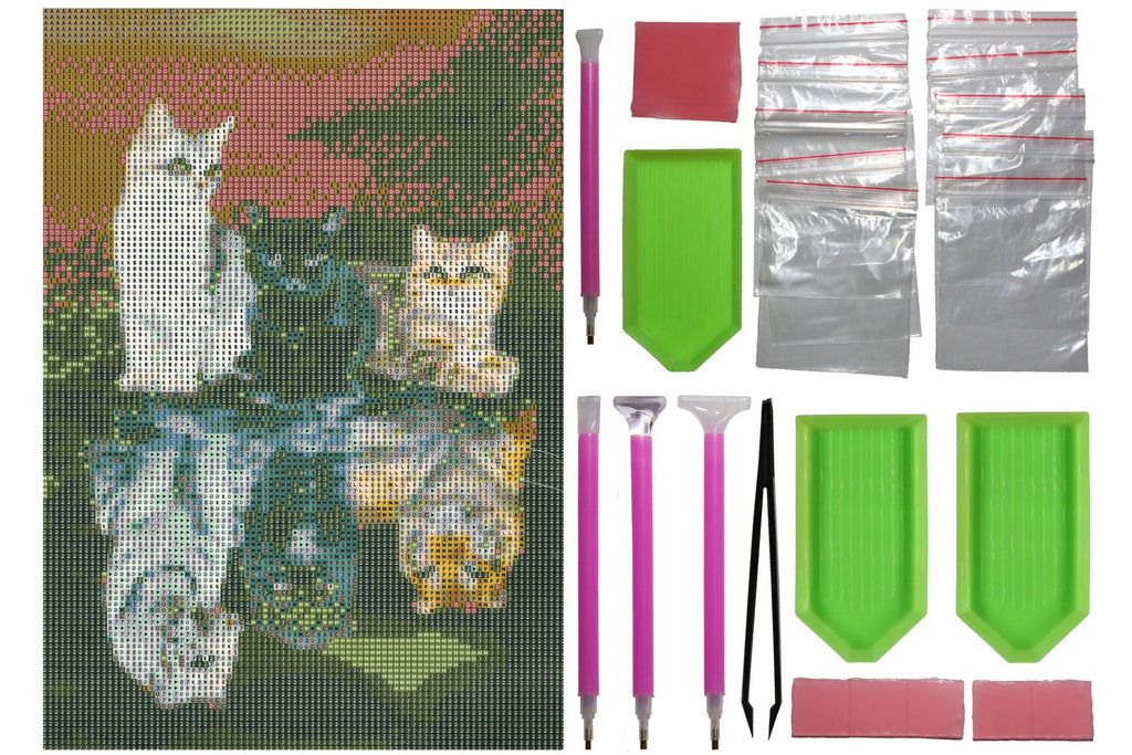 3 Katzen in Pfütze zu 3 Raubtiere Diamond Painting  26 Farben 30x40 cm  LC6343