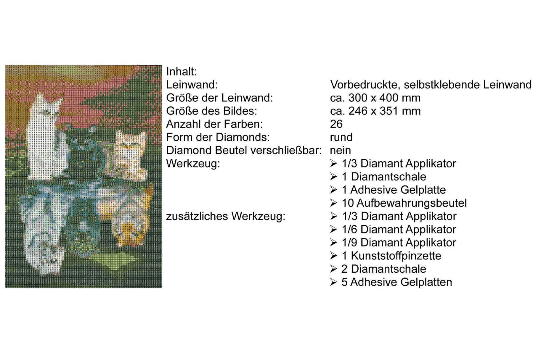 3 Katzen in Pfütze zu 3 Raubtiere Diamond Painting  26 Farben 30x40 cm  LC6343