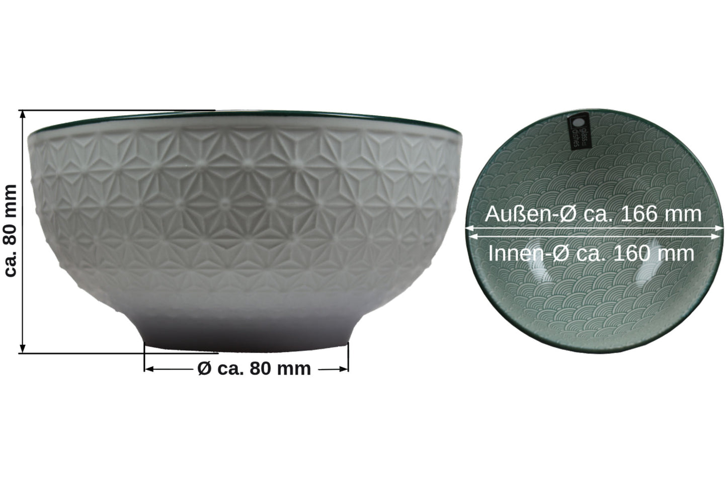 Schüssel 750 ml Ø 16 cm grünes Linienmuster innen Blütenrelief außen