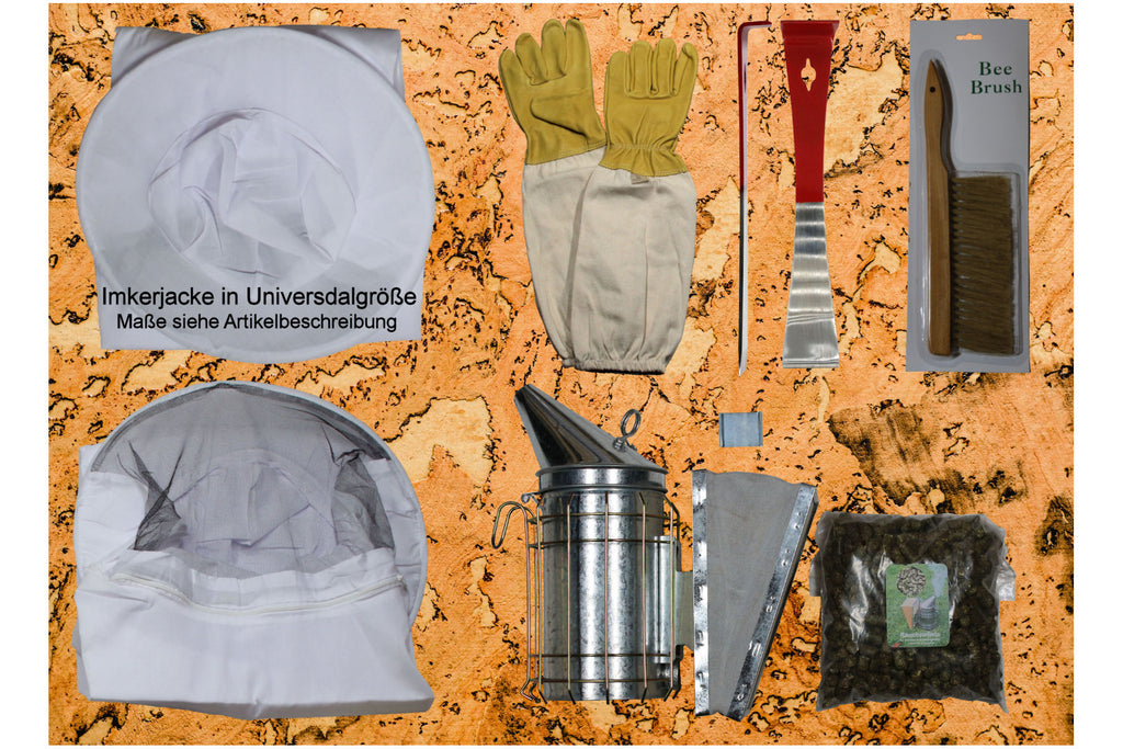 Imker Starter Set weiß 5 Teile Jacke Besen Smoker Stockmeißel Handschuhe