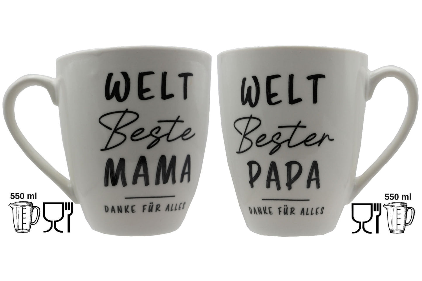 Jumbo Tasse XXL 550 ml  2er-Set mit Schriftzug "WELT Beste MAMA/WELT Bester PAPA - DANKE FÜR ALLES"