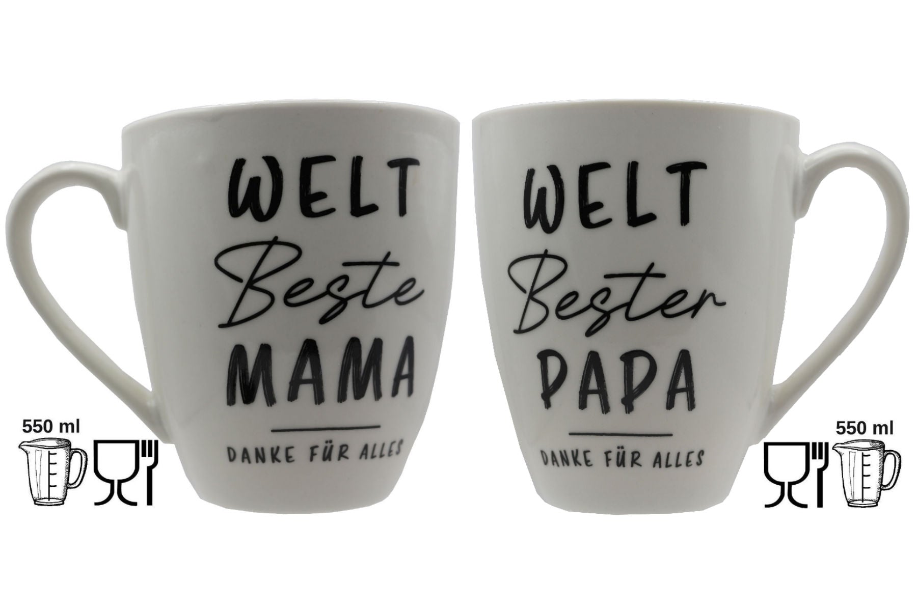 Jumbo Tasse XXL 550 ml  2er-Set mit Schriftzug "WELT Beste MAMA/WELT Bester PAPA - DANKE FÜR ALLES"