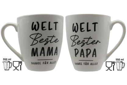 Jumbo Tasse XXL 550 ml  2er-Set mit Schriftzug "WELT Beste MAMA/WELT Bester PAPA - DANKE FÜR ALLES"