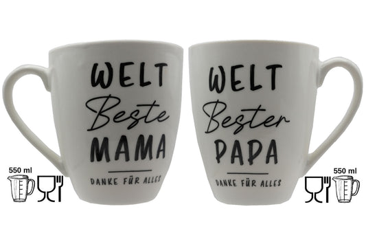 Jumbo Tasse XXL 550 ml  2er-Set mit Schriftzug "WELT Beste MAMA/WELT Bester PAPA - DANKE FÜR ALLES"