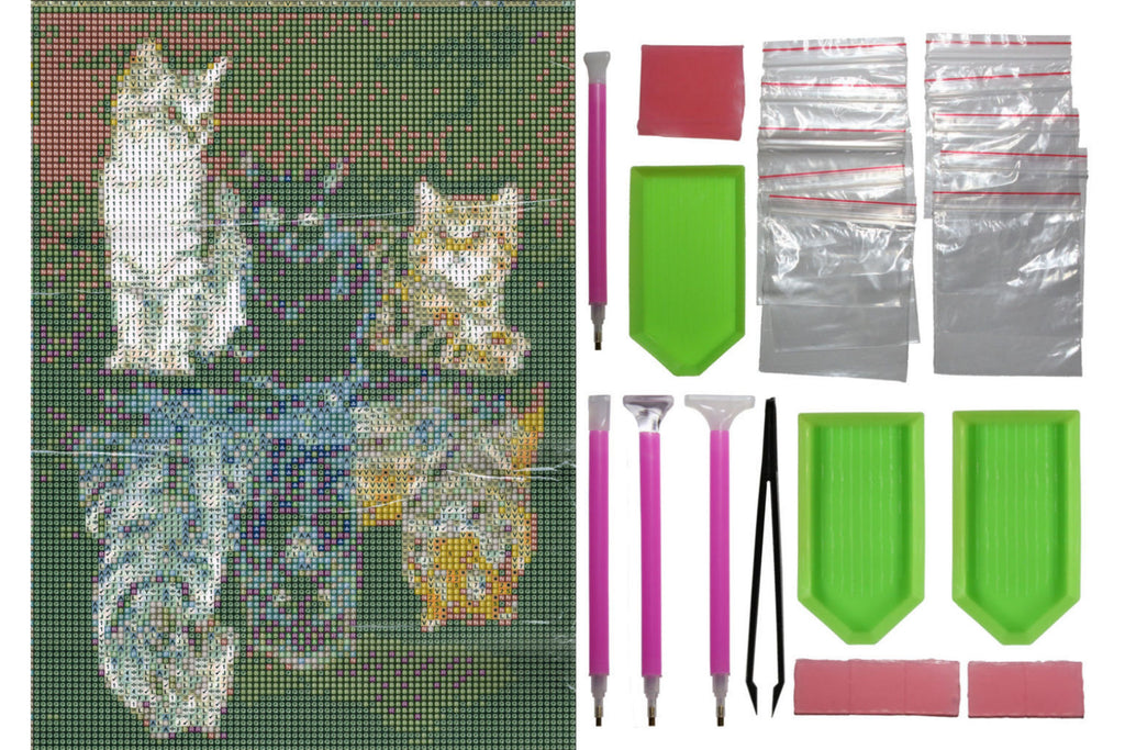 3 Katzen in Pfütze zu 3 Raubtiere Diamond Painting 30 Farben 30x40 cm  WB2618