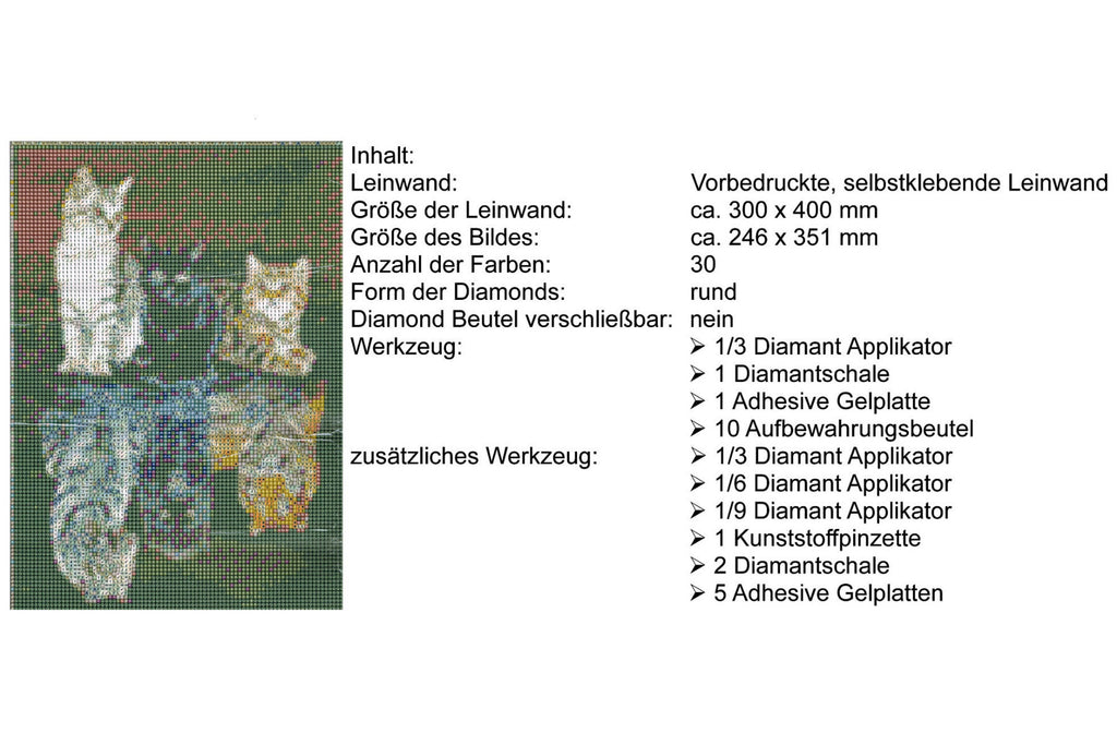 3 Katzen in Pfütze zu 3 Raubtiere Diamond Painting 30 Farben 30x40 cm  WB2618