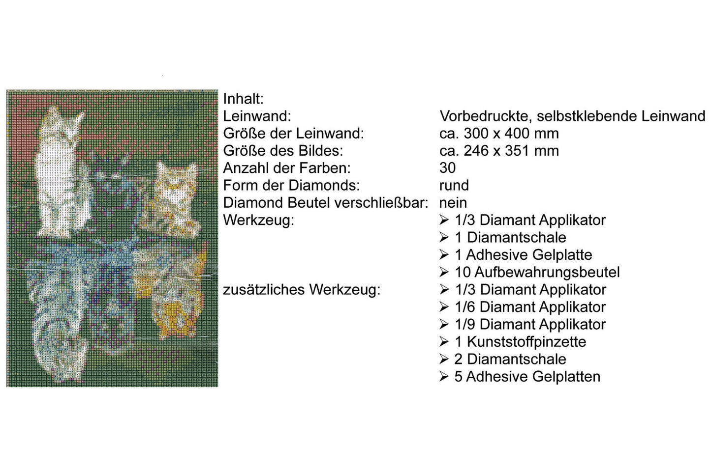 3 Katzen in Pfütze zu 3 Raubtiere Diamond Painting 30 Farben 30x40 cm  WB2618