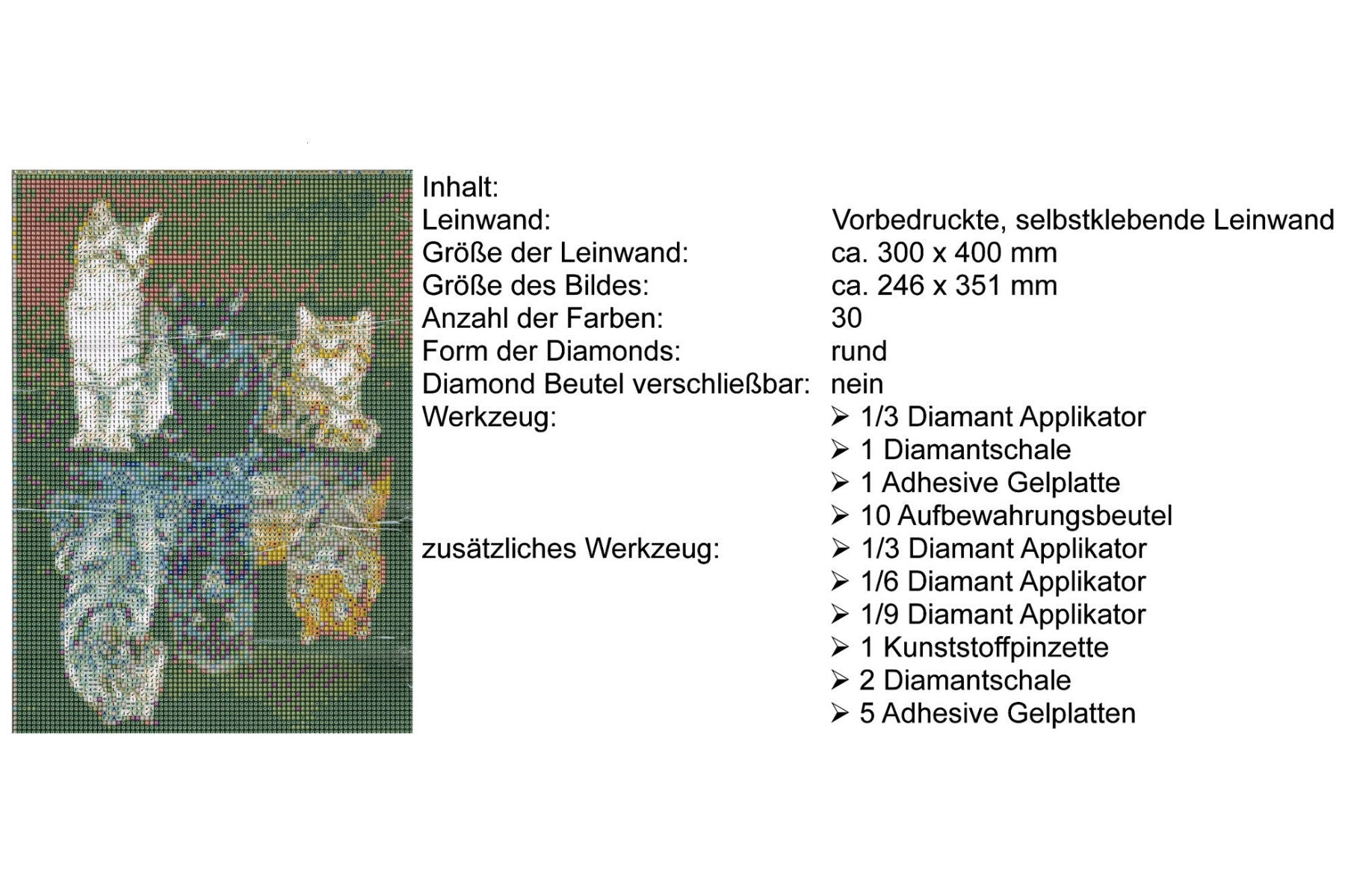 3 Katzen in Pfütze zu 3 Raubtiere Diamond Painting 30 Farben 30x40 cm  WB2618