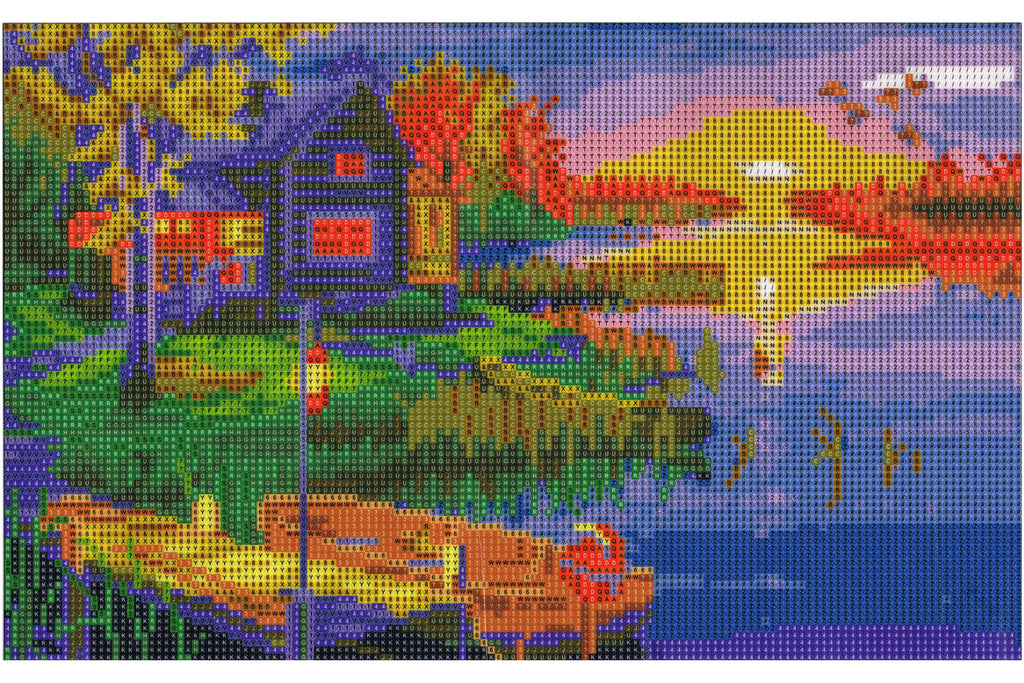 See mit Haus und Boot im Sonnenuntergang Diamond Painting  32 Farben 450x300 mm  YMX90