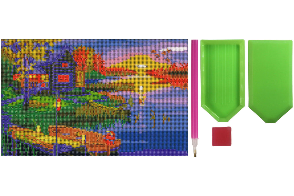 See mit Haus und Boot im Sonnenuntergang Diamond Painting  32 Farben 450x300 mm  YMX90