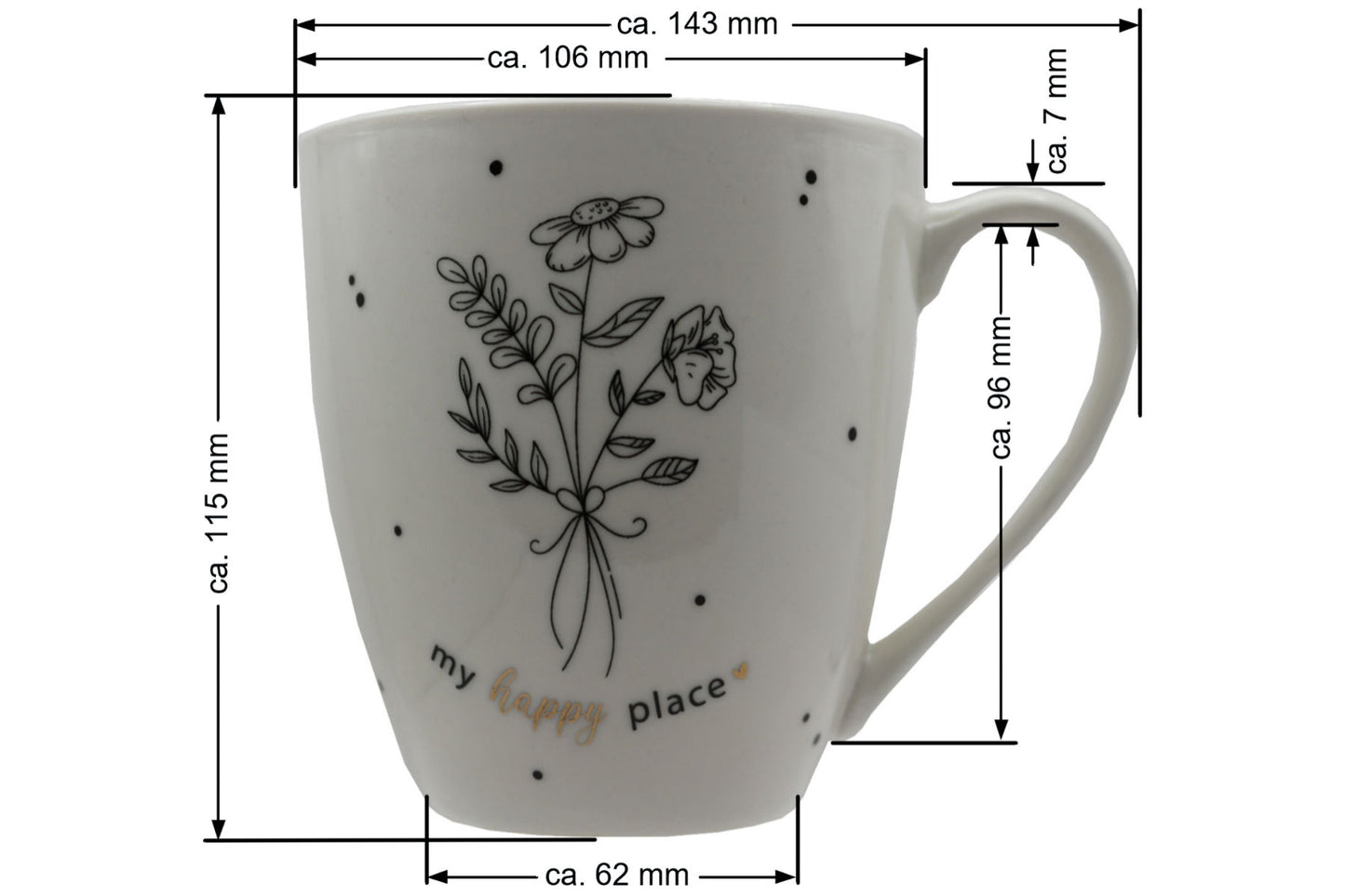 Jumbo Tasse XXL 550 ml mit stilisierten Blumenstrauß und Schriftzug "my happy place"