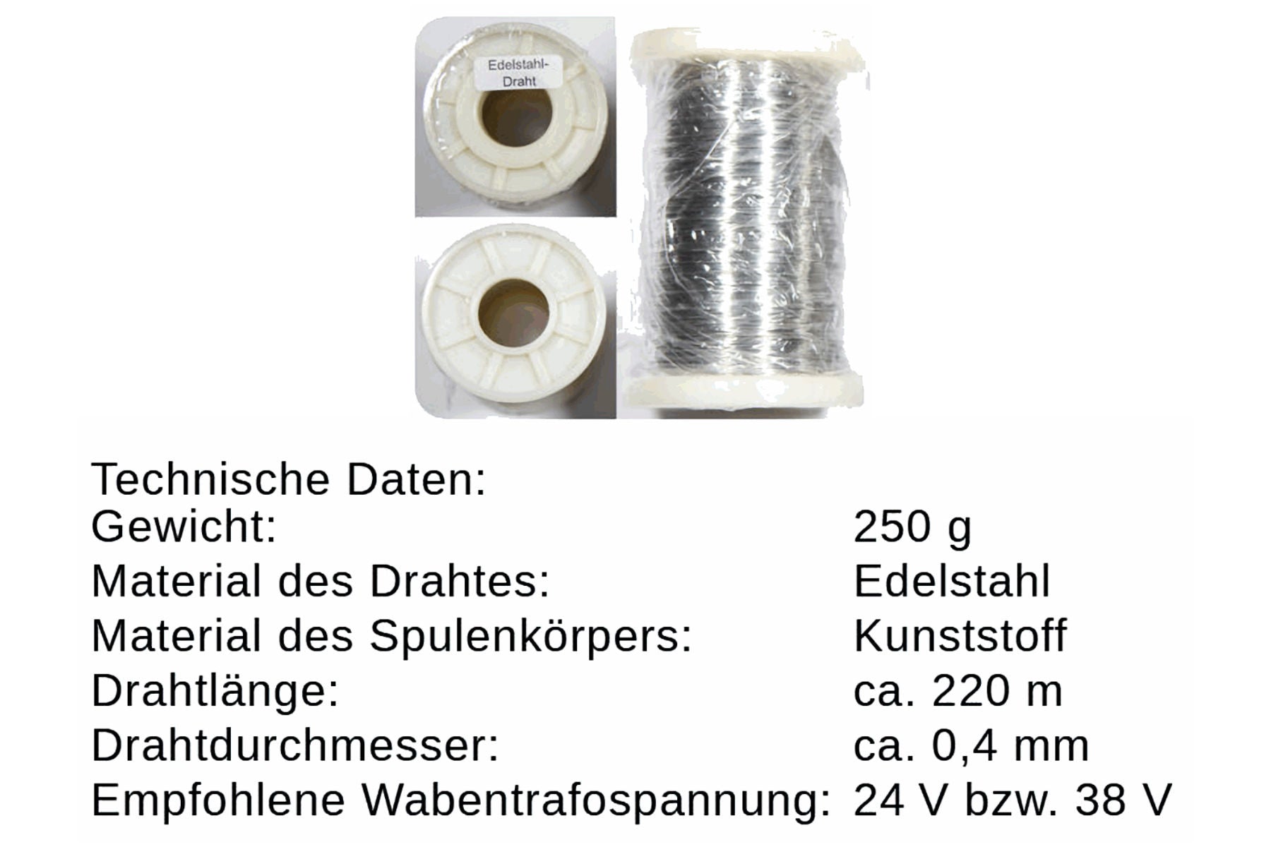 Edelstahl-Wabendraht Ø 0,4 mm  250 g / 500 g zum Verdrahten von Wabenrähmchen