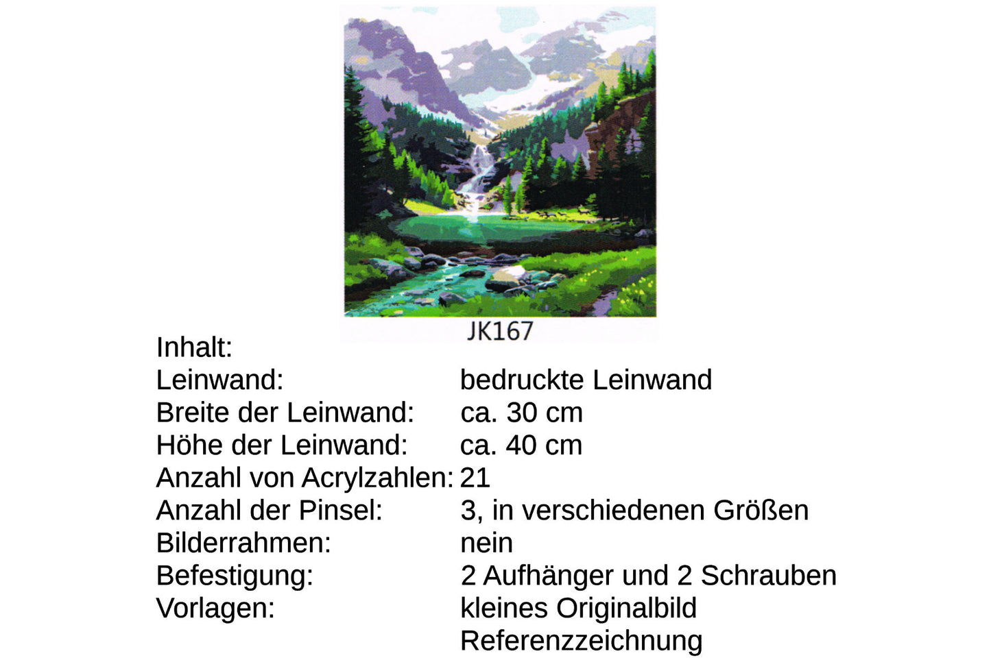 Wasserfall im Gebirgstal Malen nach Zahlen 21 Acrylfarben 30 x 40 cm JK167