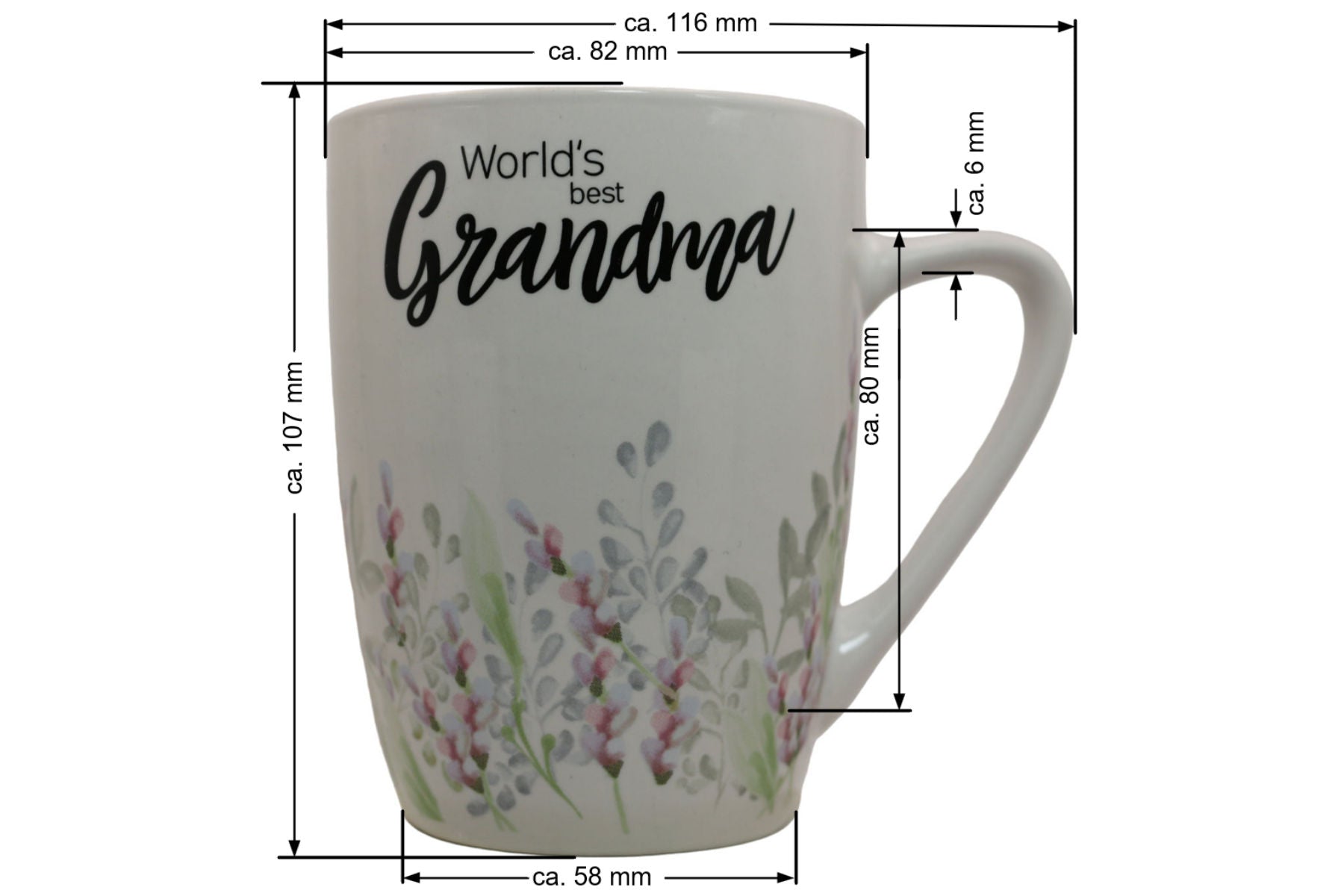 Jumbo Tasse XL 350 ml mit Schriftzug "World´s best Grandma" mit Blumenwiese