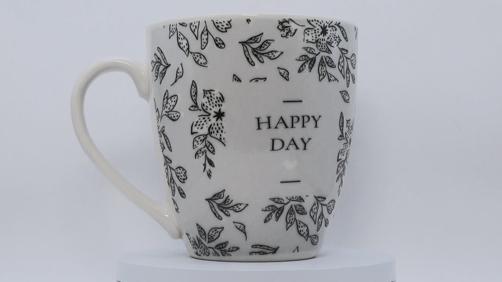 Jumbo Tasse XXL 550 ml "HAPPAY DAY" hellgrau mit schwarzen Blattumrisse
