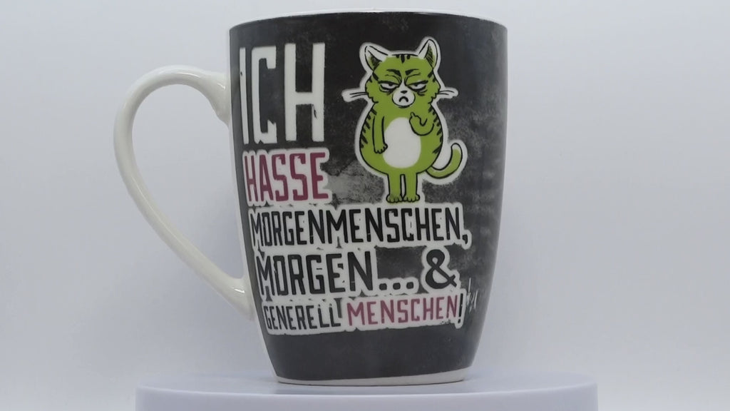 Jumbo Tasse XL 330 ml schwarz mit grüner Katze "Ich hasse Morgenmenschen..."