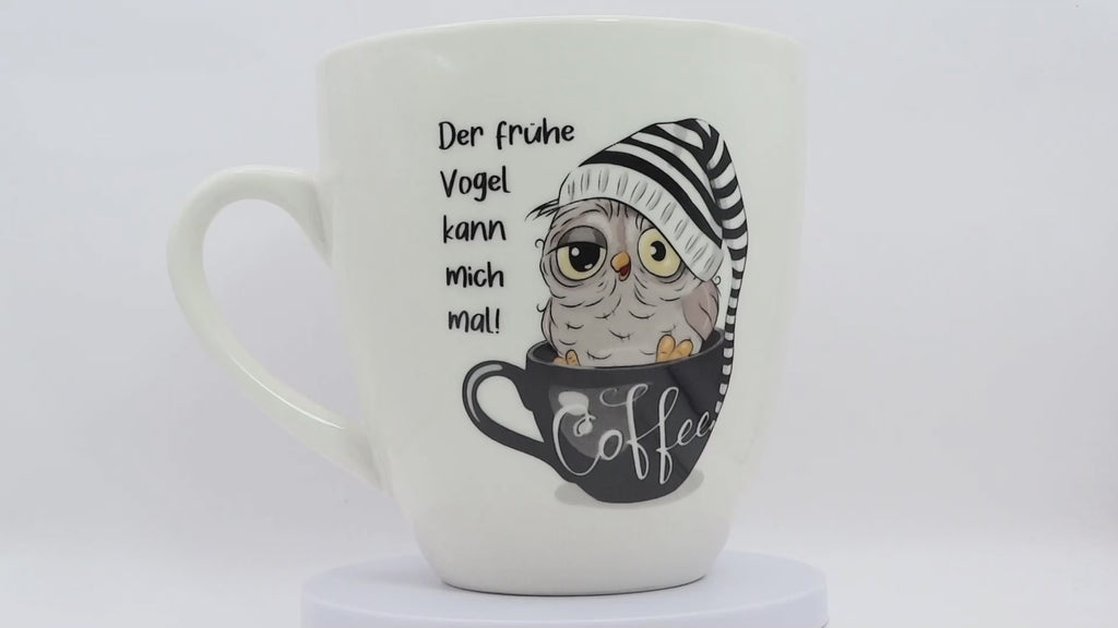 Jumbo Tasse XXL 880 ml Vogel mit Zipfelmütze in Kaffeetasse "Der frühe Vogel kann mich mal"